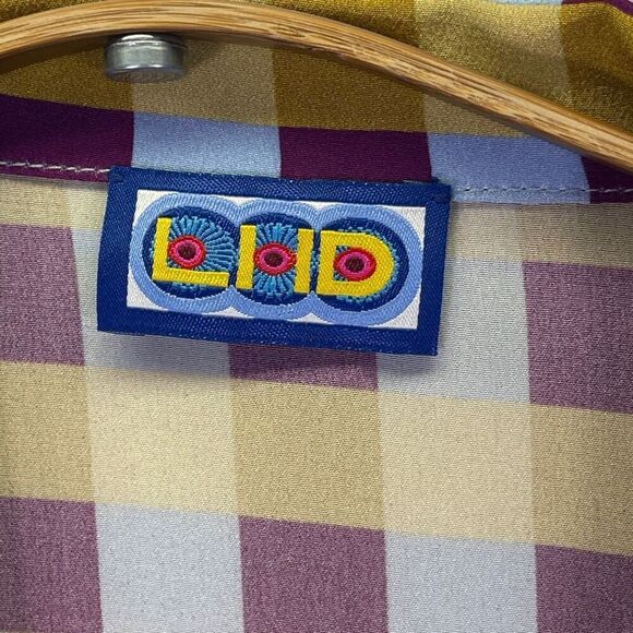 LHD Blue Plum Yellow Gingham Button Down Short Sleeve Silk Dress Size 4 - Picture 3 of 12